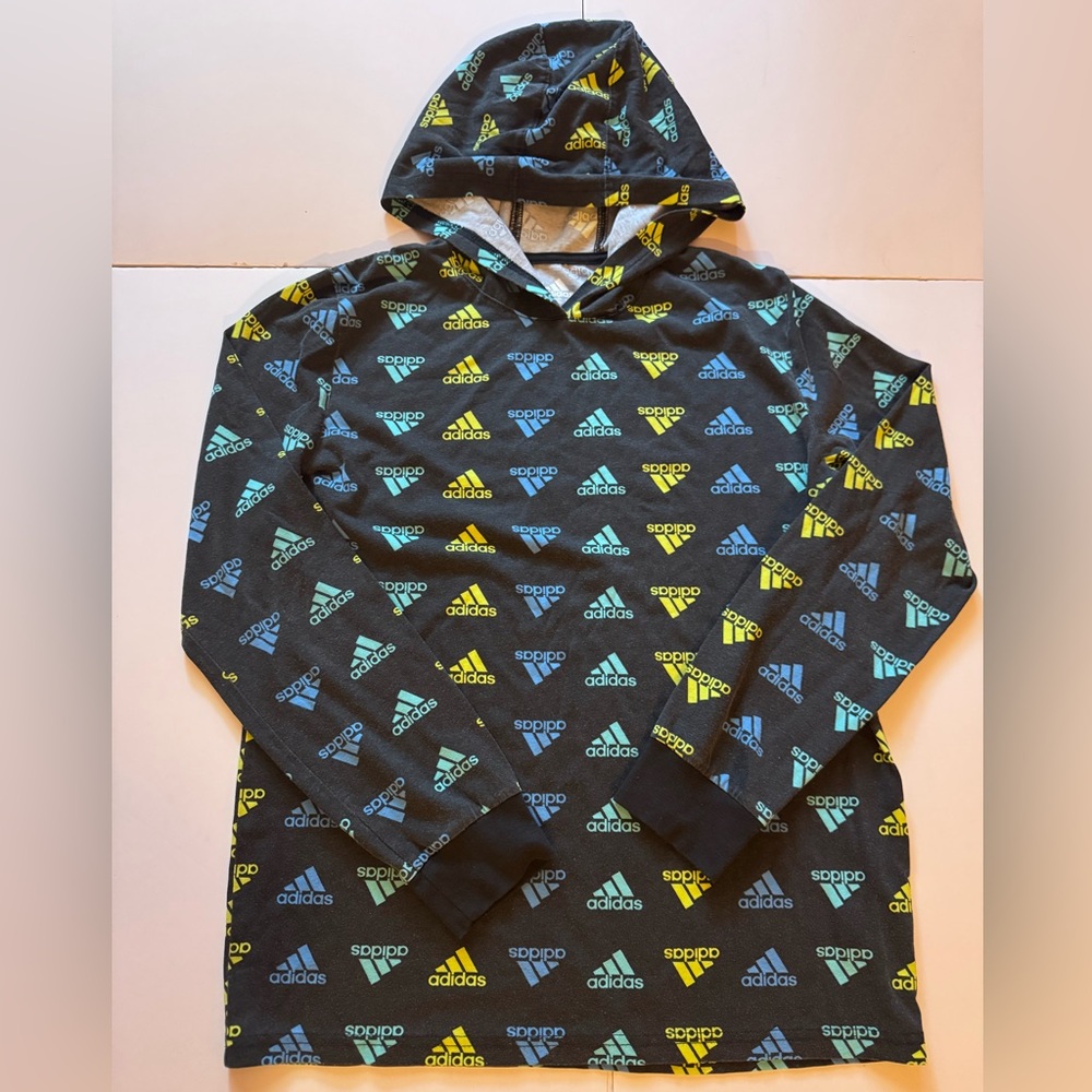 Adidas Boy’s Black Hoodie Shirt with Blue and Yellow Accents in Size 14-16